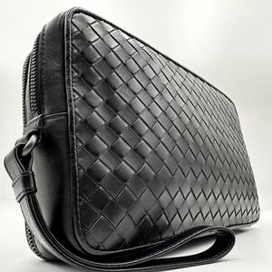 1円■美品■ BOTTEGA VENETA ボッテガ メンズ イントレチャート セカンドバッグ クラッチバッグ ハンド 2層 ダブルジップ ビジネス 黒