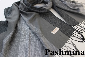 新品【Pashmina パシュミナ】ペイズリー 花柄ミックス 大判 ストール チャコールグレー系 ブラック ホワイト Cashmere カシミア100%