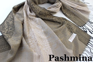 新品【Pashmina パシュミナ】ペイズリー 花柄ミックス 大判 中薄手 ストール ベージュ系 ブラック グレー ホワイト Cashmere カシミア100%