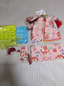 非売品！女の子 753 七五三 和装小物 着物 リボン お太鼓 帯 作り帯 5〜7歳 ピンク/花模様/古典柄 5点セット 撮影 写真 貸衣装 中古 び3