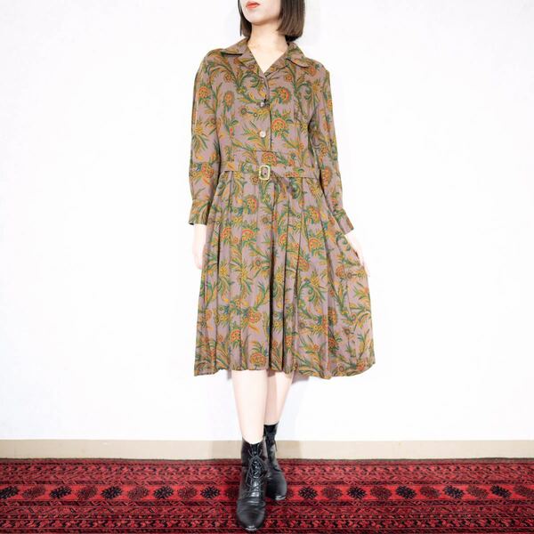 RETRO VINTAGE FLOWER PATTERNED WOOL BELTED ONE PIECE/レトロ古着お花柄ウールベルッドワンピース