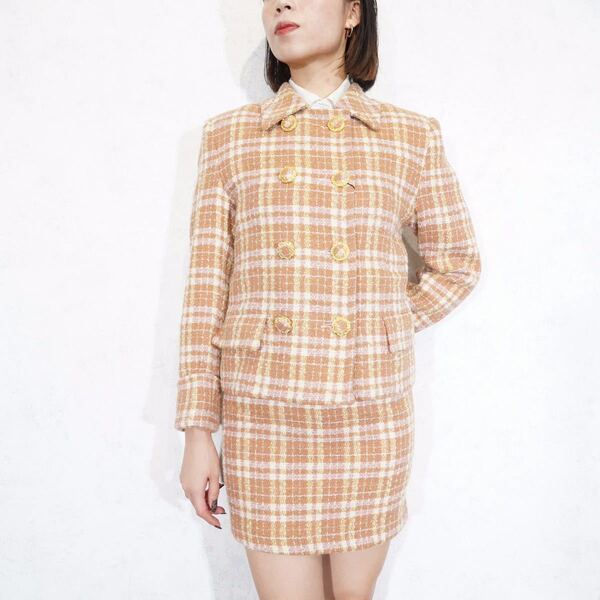 RETRO VINTAGE CHECK PATTERNED TWEED SET UP SUIT/レトロ古着チェック柄ツイードセットアップスーツ(ジャケットスカート)