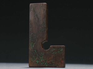 【瓏】老沈香の木彫 山水人物図印規 清時代 極細工 手彫り 置物 擺件 中国古美術 蔵出