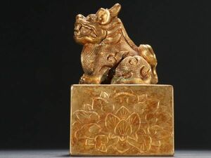 【瓏】古銅鏨刻彫 塗金瑞獣鈕印章 時代物 古置物擺件 銅器 中国古賞物 蔵出