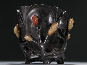 【瓏】紫檀の木彫 嵌寿山石蘭花杯 清時代 極細工 手彫り 置物 擺件 中国古美術 蔵出
