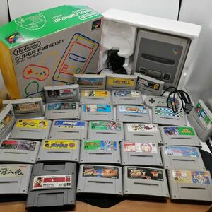 動作品 SFC スーパーファミコン スーファミ 本体 箱付 + ソフト28本 セット Nintendo スト２ ダビスタ パワプロ シムシティー ぷよぷよ/箱