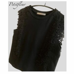 Petitfleur ★上品レース★おしゃれ★ブラック★カットソー★ ノースリーブ★天然素材★綿100%★コットン