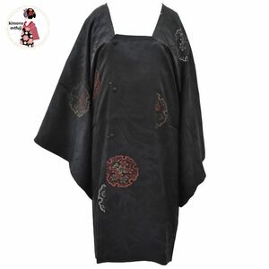 1円 道行コート 正絹 黒 雪輪 花 身丈90.5cm レトロ 同梱可 【kimonomtfuji】 1nfuji42300