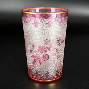 OLD BACCRAT オールドバカラ エッチング素地 金彩 赤被せ フラワー 花文 タンブラー グラス 杯 酒器 アンティーク ガラス