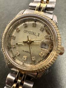 * collector worth seeing!! CRYSTALⅡ quarts Date Vintage wristwatch Gold color clock part removing stylish lady's collection F120814
