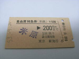 自由席特急券(乗継)　米原→2000ｋｍまで 　昭和53年9月30日　東京駅発行　国鉄