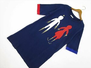 美品 ツモリチサト TSUMORI CHISATO ひざ丈 ドロップショルダー 七分袖 洗えるワンピース 2 ネイビー×レッド×ブルー/人柄 プリント