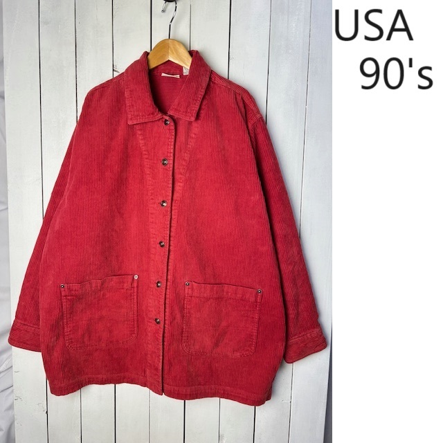 USA古着 90s 太畝コーデュロイ カバーオール L~XL フェード赤 USA古着 90s 太畝コーデュロイ カバーオール L~XL フェード赤