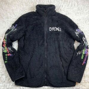 L-XL相当●DIESEL ディーゼル ボア フリースジャケット ブルゾン ジップ アウター 起毛 刺繍デザインロゴファスナー 胸元ロゴ 黒