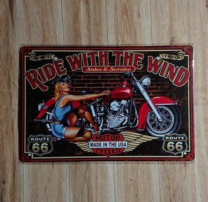 ブリキ看板：美女　モーターサイクル　RIDE WITH THE WIND　壁飾り：アメリカン雑貨☆ 