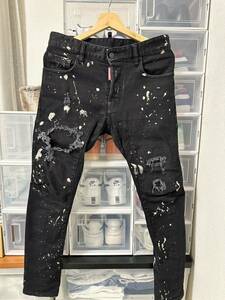 新春セール　定価10万越 dsquared2 ブラックデニム ペイント ダメージ tidy biker jean 44 デニムパンツ