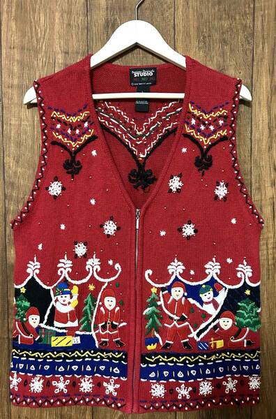 クリスマス ニット ベスト 赤 刺繍 手刺繍 サンタ スノーマン ツリー プレゼント 雪 ヴィンテージ 豪華 個性的 かわいい 古着/club723(N448