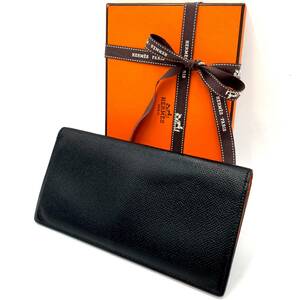 【１円】HERMES エルメス MC2 メンデル 刻印□K ブラック 二つ折り 長財布 札入れ レザー 革