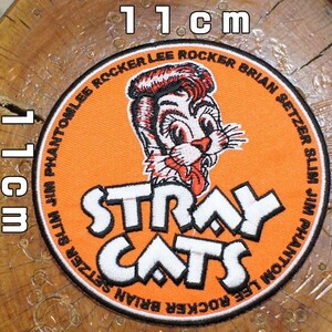 刺繍 アイロン ワッペン【STRAY CATS 迷い猫】ロカビリー オールディーズ 60'S 70'S 80'S オレンジ 丸 ストレイキャッツ 糊付き のりつき