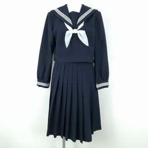 1円 セーラー服 スカート スカーフ 上下3点セット 冬物 白3本線 女子 学生服 中学 高校 紺 制服 中古 ランクC NA5505