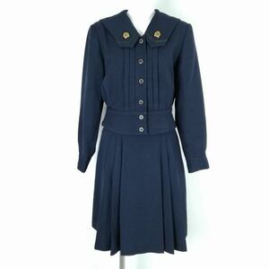 1円 セーラー服 スカート 上下2点セット 指定 M 冬物 黒1本線 女子 学生服 岡山白陵高校 紺 山本寛斎 制服 中古 ランクC NA5517