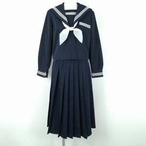 1円 セーラー服 スカート スカーフ 上下3点セット 冬物 白3本線 女子 学生服 中学 高校 紺 制服 中古 ランクC NA5501