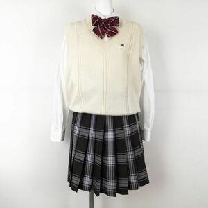 1円 ベスト ミニスカート リボン 上下4点セット 冬物 女子 学生服 中学 高校 オフ白 制服 中古 ランクB NA5803