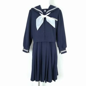 1円 セーラー服 ジャンパースカート スカーフ 上下3点セット 160A 冬物 白2本線 女子 学生服 中学 高校 紺 制服 中古 ランクC NA5876