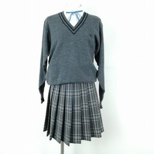 1円 セーター ミニスカート 紐タイ 上下4点セット LL 大きいサイズ 冬物 女子 学生服 中学 高校 グレー 制服 中古 ランクC NA5801