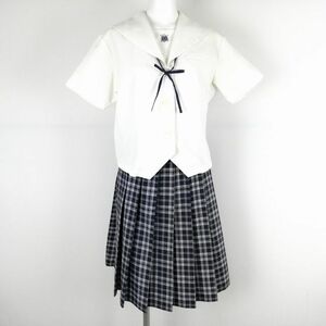 1円 セーラー服 チェックスカート 紐タイ 上下3点セット L トンボ 夏物 女子 学生服 中学 高校 白 制服 中古 ランクC NA6230