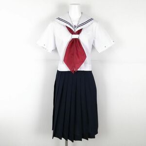 1円 セーラー服 スカート スカーフ 上下3点セット 160A 夏物 青2本線 女子 学生服 東京南砂中学 白 制服 中古 ランクC NA6411