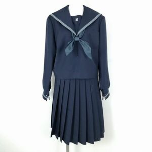 1円 セーラー服 スカート スカーフ 上下3点セット 大きいサイズ 冬物 グレー1本線 女子 学生服 佐賀鍋島中学 紺 制服 中古 ランクC NA6692