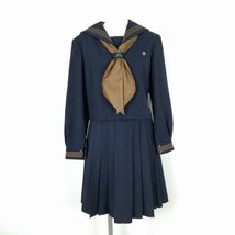 1円 セーラー服 スカート スカーフ 上下3点セット 冬物 茶3本線 女子 学生服 群馬関東学園大学附属高校 紺 制服 中古 ランクB NA6584_画像1