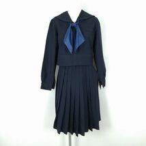 1円 セーラー服 スカート スカーフ 上下3点セット 冬物 黒3本線 女子 学生服 東京日本体育大学桜華中学高校 紺 制服 中古 ランクC NA6884_画像1