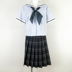 1円 セーラー服 チェックスカート 上下3点セット 大きいサイズ 夏物 青1本線 女子 学生服 熊本水俣第一中学 青 制服 中古 ランクC NA7108