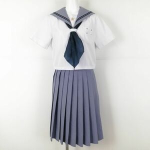 1円 セーラー服 スカート スカーフ 上下3点セット 指定 夏物 青2本線 女子 学生服 長崎桜が原中学 白 制服 中古 ランクC NA7120