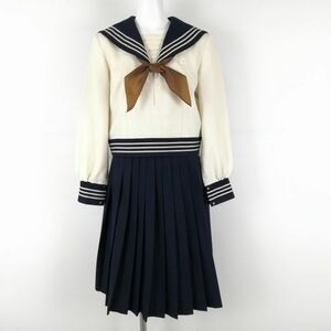 1円 セーラー服 スカート スカーフ 上下3点セット 冬物 白3本線 女子 学生服 東京原宿外苑中学 オフ白 制服 中古 ランクC NA7496