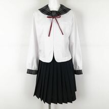 1円 セーラー服 スカート 紐タイ 上下3点セット L 中間服 女子 学生服 福岡大学附属大濠中学 白 制服 中古 ランクB NA7577_画像1