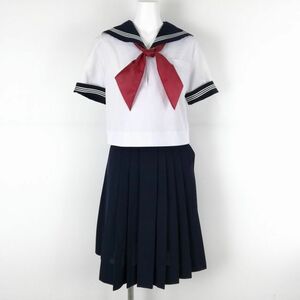 1円 セーラー服 スカート スカーフ 上下3点セット 160A トンボ 夏物 白3本線 女子 学生服 中学 高校 白 制服 中古 ランクC NA7600