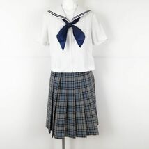 1円 セーラー服 チェックスカート リボン 上下3点セット 夏物 青2本線 女子 学生服 中学 高校 白 制服 中古 ランクC NA7705_画像1