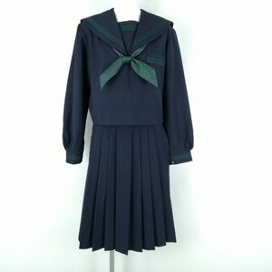 1円 セーラー服 スカート スカーフ 上下3点セット 大きいサイズ 冬物 緑3本線 女子 学生服 中学 高校 紺 制服 中古 ランクC NA7888