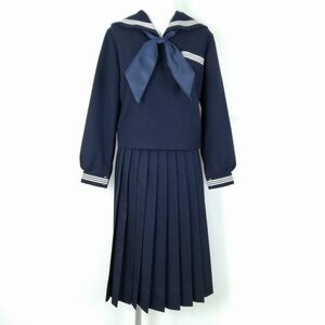 1円 セーラー服 スカート スカーフ 上下3点セット 大きいサイズ 冬物 白3本線 女子 学生服 河合中学 紺 制服 中古 ランクC NA8357