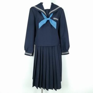 1円 セーラー服 スカート スカーフ 上下3点セット 大きいサイズ カンコー 冬物 グレー2本線 女子 学生服 中学 高校 紺 中古 ランクC NA8443