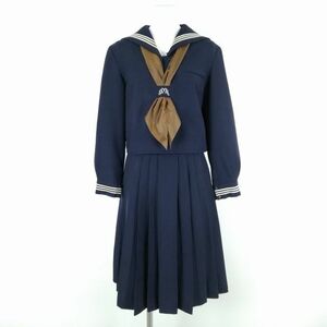 1円 セーラー服 スカート スカーフ 上下3点セット 冬物 白3本線 女子 学生服 兵庫武庫川女子大学附属中学高校 紺 制服 中古 ランクC NA8352