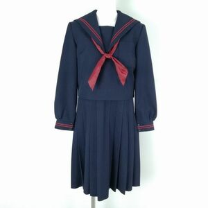 1円 セーラー服 ジャンパースカート スカーフ 上下3点セット カンコー 冬物 赤2本線 女子 学生服 中学 高校 紺 制服 中古 ランクC NA8611