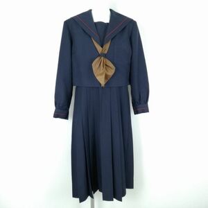 1円 セーラー服 ジャンパースカート スカーフ 上下3点セット 冬物 赤1本線 女子 学生服 中学 高校 紺 制服 中古 ランクC NA8719