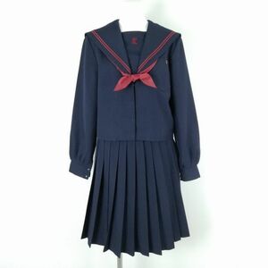 1円 セーラー服 スカート スカーフ 上下3点セット 大きいサイズ トンボ 冬物 赤2本線 女子 学生服 大分中津中学 紺 中古 ランクC NA8801