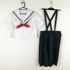 1円 セーラー服 スカート スカーフ 上下3点セット 大きいサイズ 夏物 緑3本線 女子 学生服 大分三重中学 白 制服 中古 ランクC NA8990