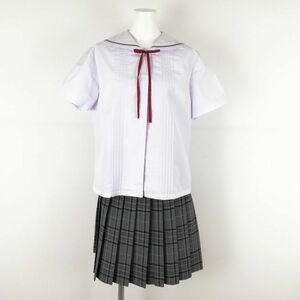 1円 セーラー服 チェックスカート 紐タイ 上下3点セット LL 大きいサイズ 夏物 茶1本線 女子 学生服 中学 高校 白 中古 ランクC NA8848