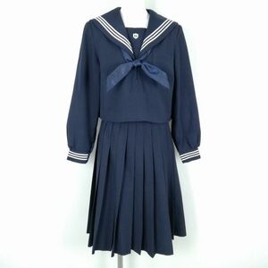 1円 セーラー服 スカート スカーフ 上下3点セット 富士ヨット 冬物 白3本線 女子 学生服 熊本鏡中学 紺 制服 中古 ランクC NA9006